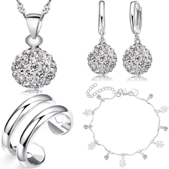 Jewelry - 💎 925 Sterling Silver Bundle Set Necklace Earrings Bracelet And Ring Adjustable